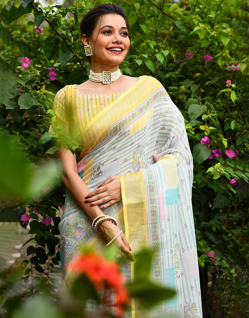 White & Yellow Soft Linen Saree With Printed Work