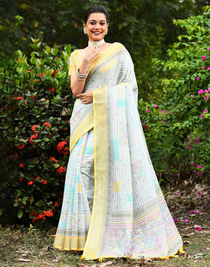 White & Yellow Soft Linen Saree With Printed Work