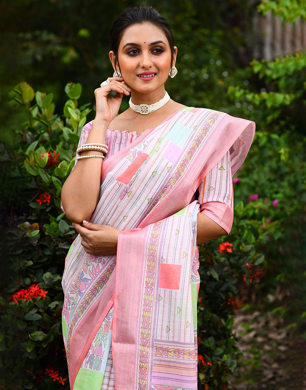 Baby Pink Soft Linen Saree With Printed Work