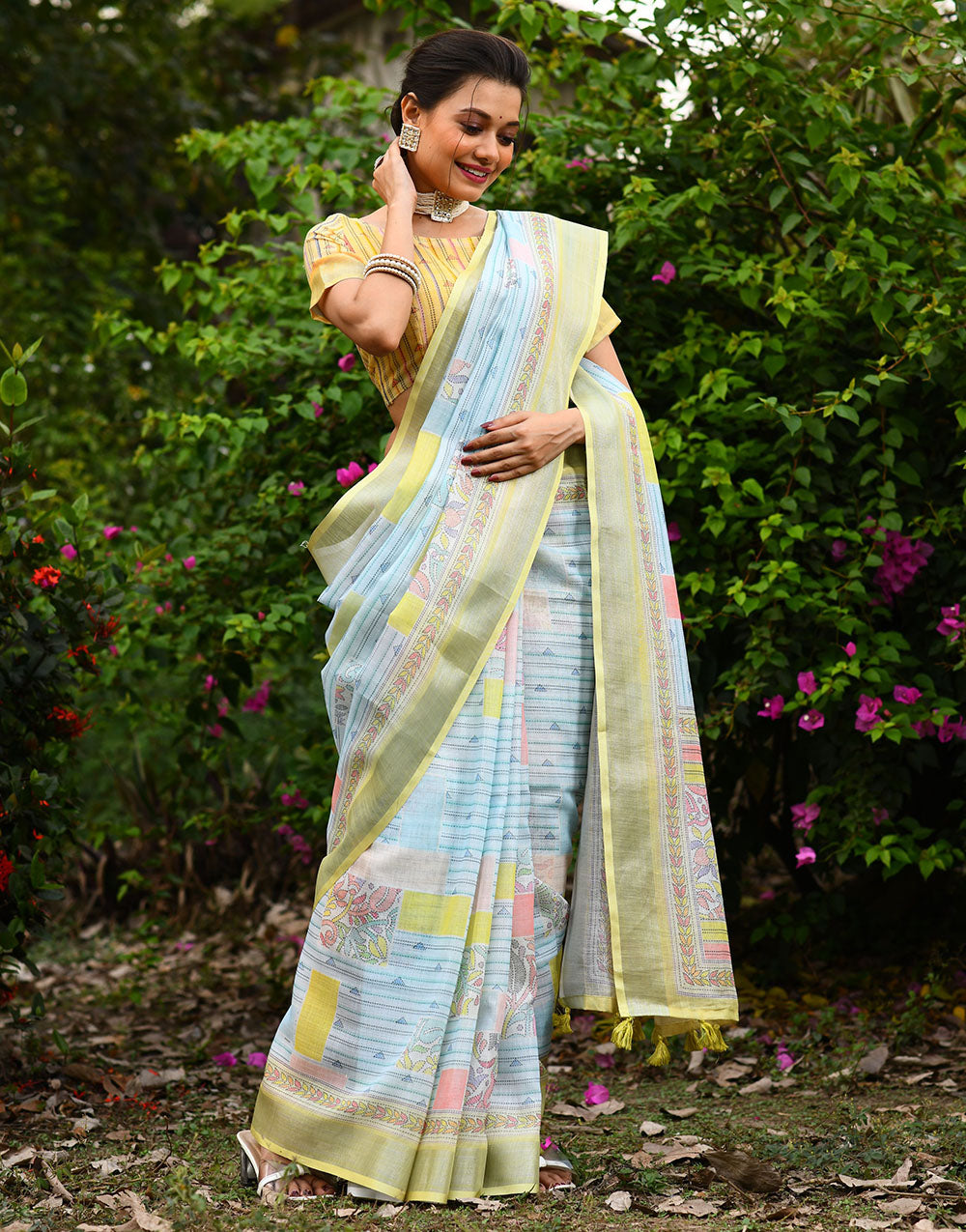 Light Blue & Yellow Soft Linen Saree With Printed Work