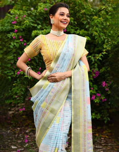 Light Blue & Yellow Soft Linen Saree With Printed Work