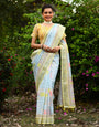 Light Blue & Yellow Soft Linen Saree With Printed Work