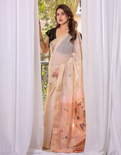 Cream Tan & Peach Soft Cotton Saree With Weaving Work