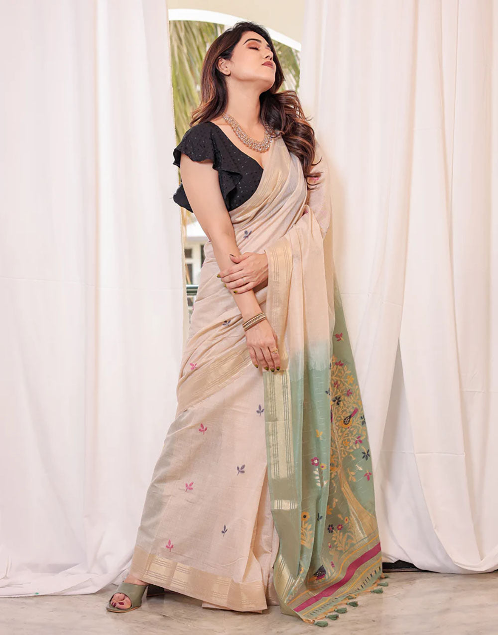 Cream Tan & Pista Green Soft Cotton Saree With Weaving Work
