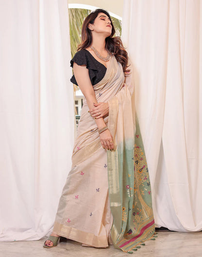 Cream Tan & Pista Green Soft Cotton Saree With Weaving Work
