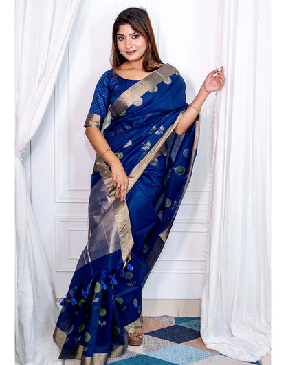 Blue Linen Silk Saree With Zari Weaving Work