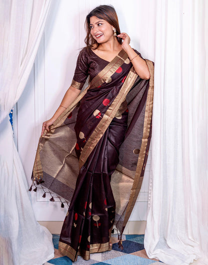 Dark Brown Linen Silk Saree With Zari Weaving Work