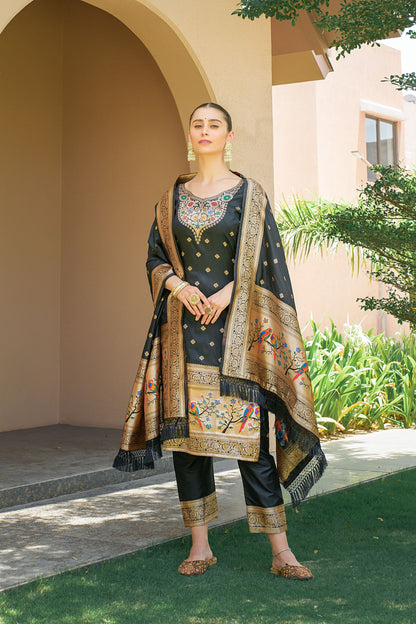 Black Paithani Silk With Zari Weaving Salwar Suit (Unstitched)