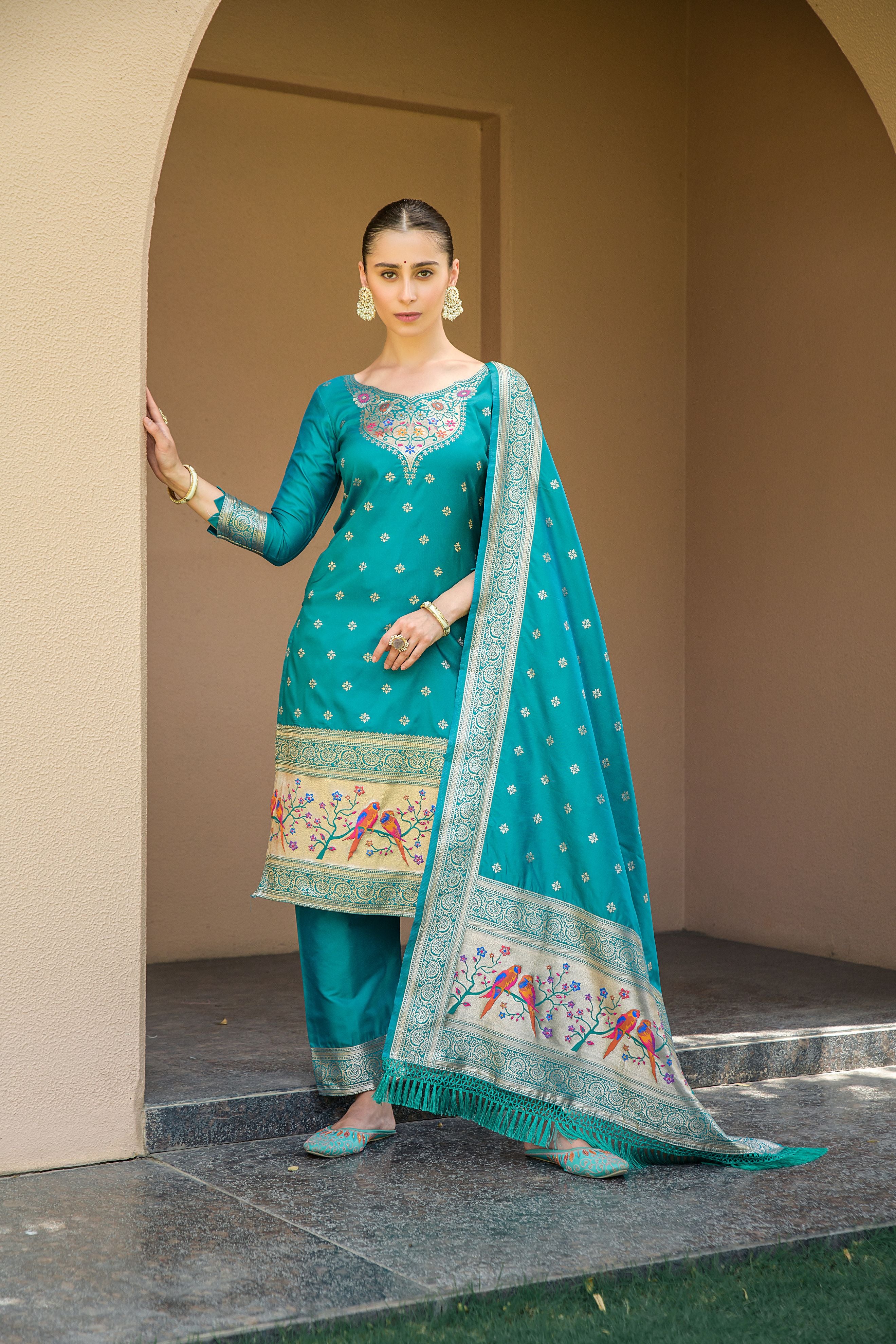 Cyan Blue Paithani Silk With Zari Weaving Salwar Suit (Unstitched)