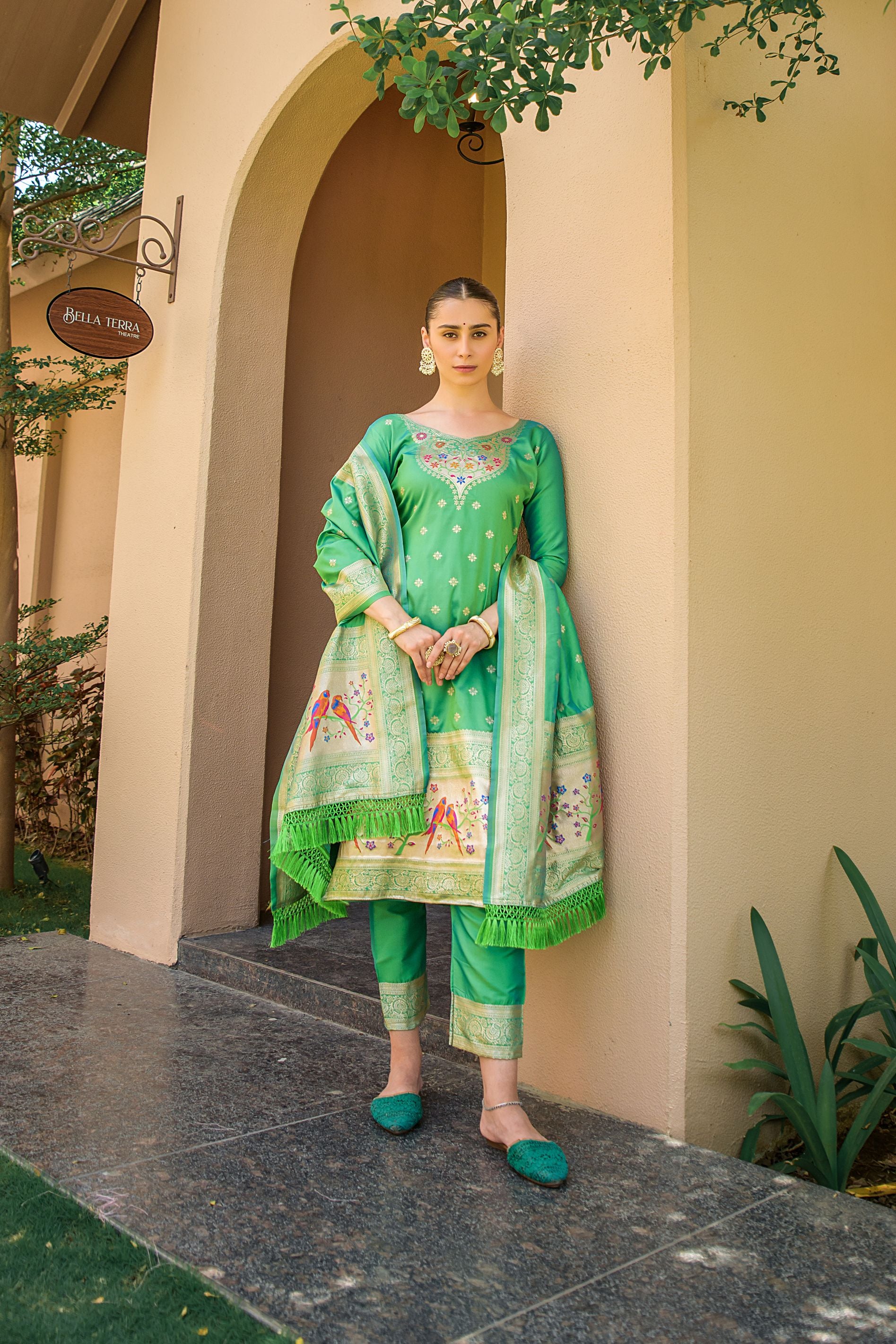 Light Green Paithani Silk With Zari Weaving Salwar Suit (Unstitched)