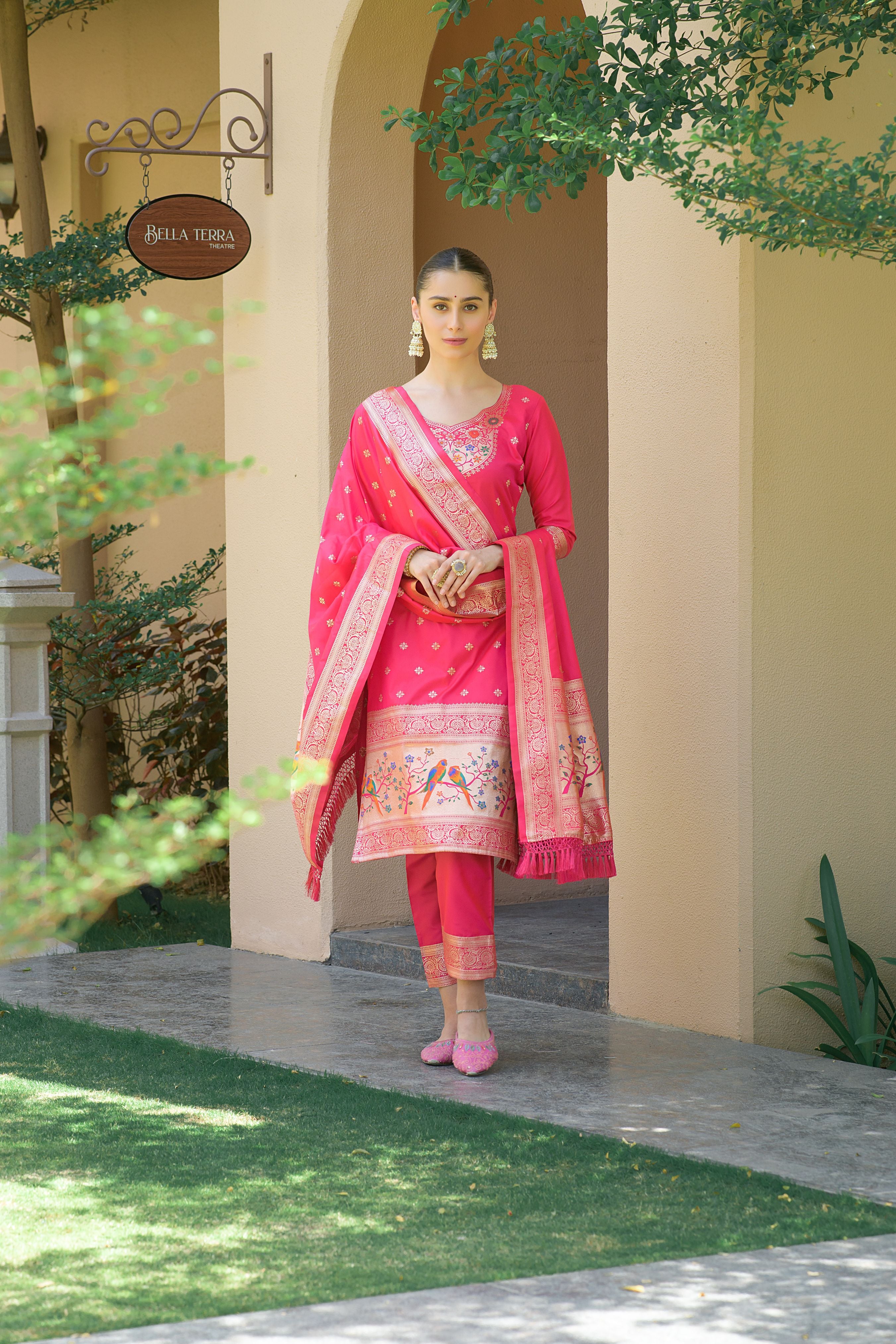 Pink Paithani Silk With Zari Weaving Salwar Suit (Unstitched)