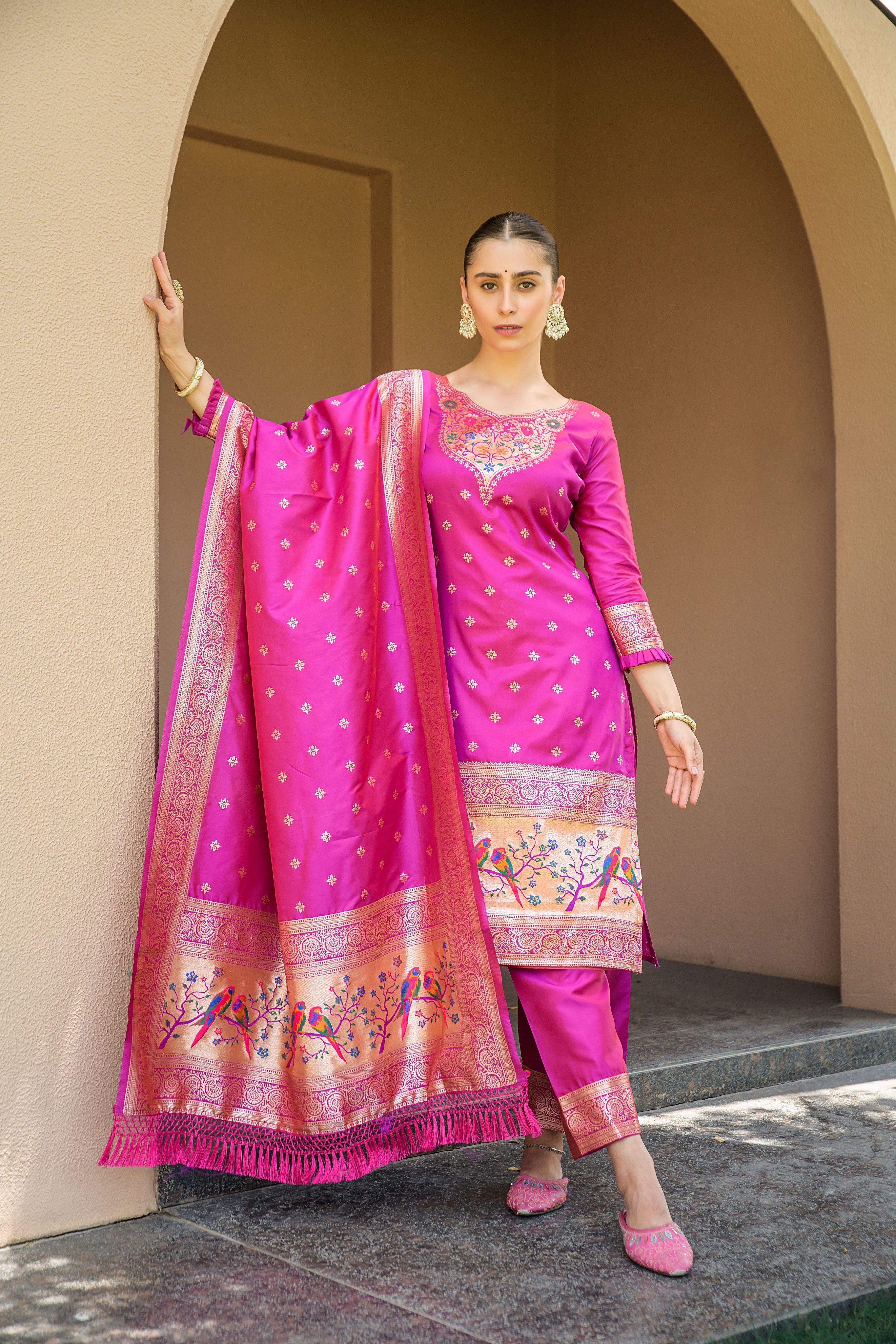 Rani Pink Paithani Silk With Zari Weaving Salwar Suit (Unstitched)