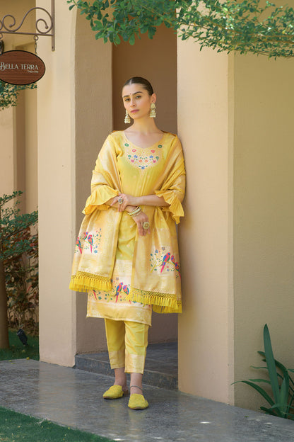 Yellow Paithani Silk With Zari Weaving Salwar Suit (Unstitched)