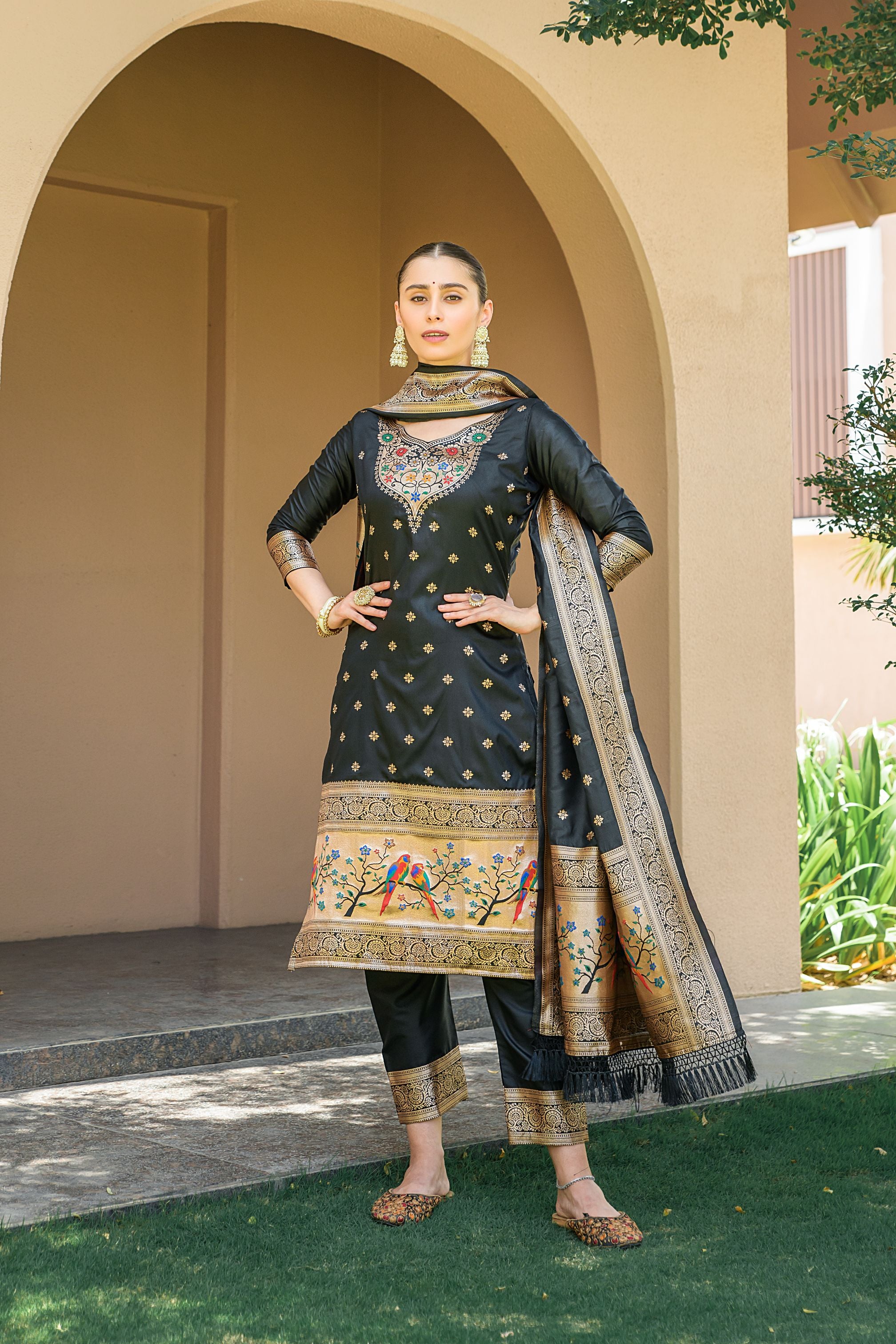 Black Paithani Silk With Zari Weaving Salwar Suit (Unstitched)