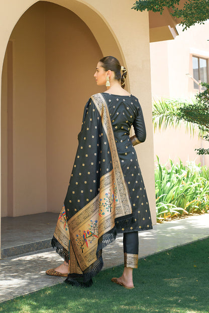 Black Paithani Silk With Zari Weaving Salwar Suit (Unstitched)