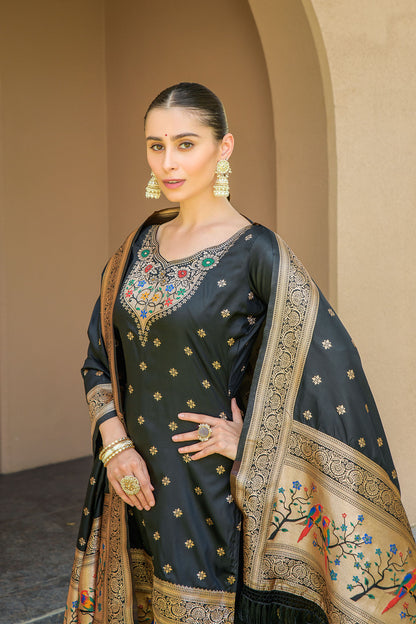 Black Paithani Silk With Zari Weaving Salwar Suit (Unstitched)