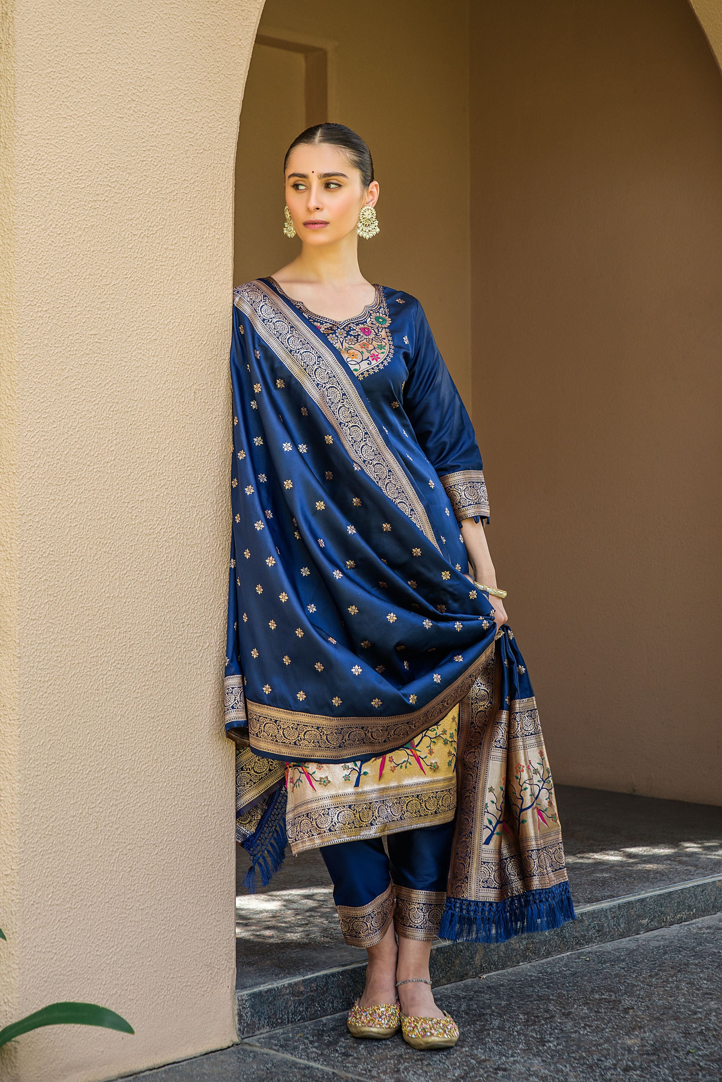 Blue Paithani Silk With Zari Weaving Salwar Suit (Unstitched)