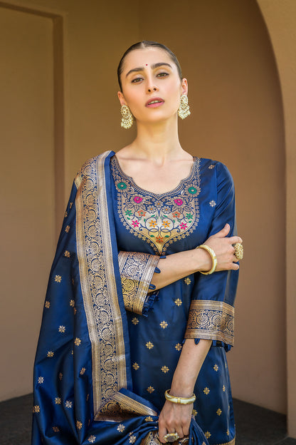 Blue Paithani Silk With Zari Weaving Salwar Suit (Unstitched)