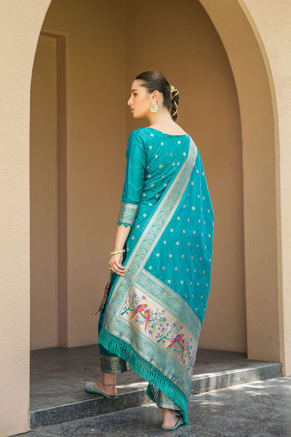 Cyan Blue Paithani Silk With Zari Weaving Salwar Suit (Unstitched)