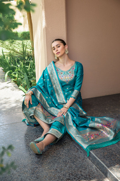 Cyan Blue Paithani Silk With Zari Weaving Salwar Suit (Unstitched)