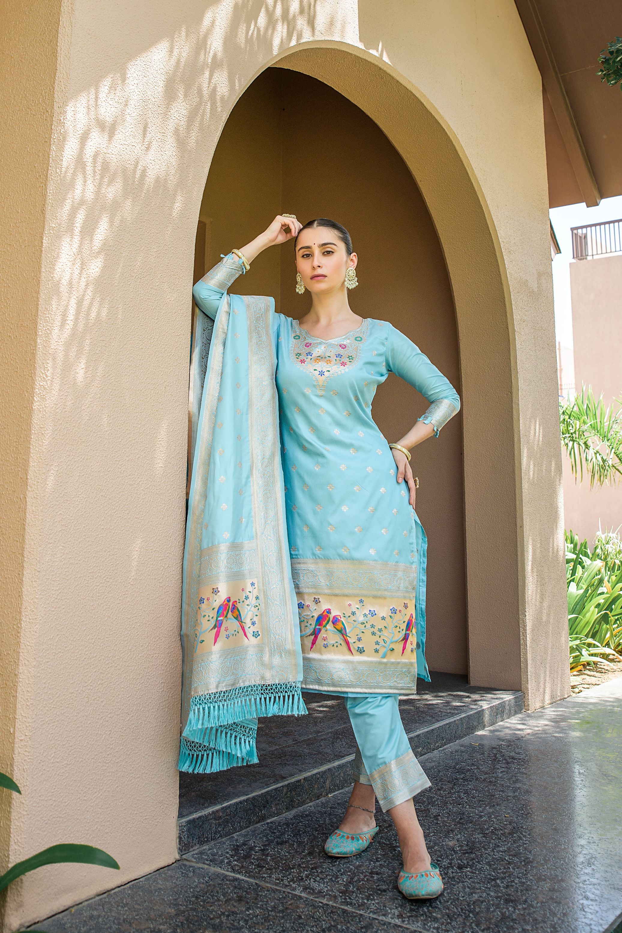 Light Blue Paithani Silk With Zari Weaving Salwar Suit (Unstitched)