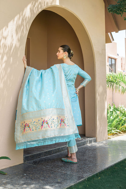 Light Blue Paithani Silk With Zari Weaving Salwar Suit (Unstitched)