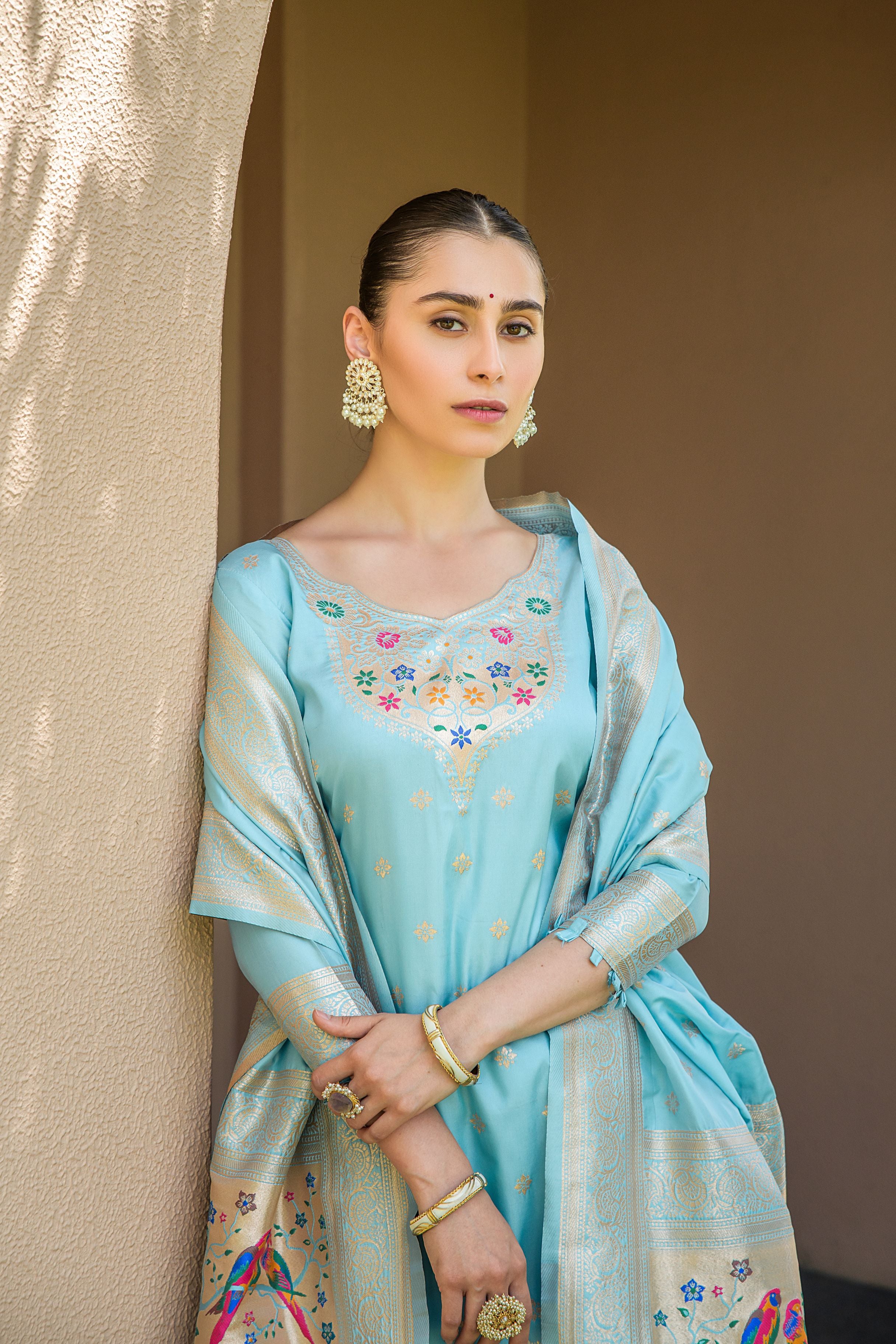 Light Blue Paithani Silk With Zari Weaving Salwar Suit (Unstitched)