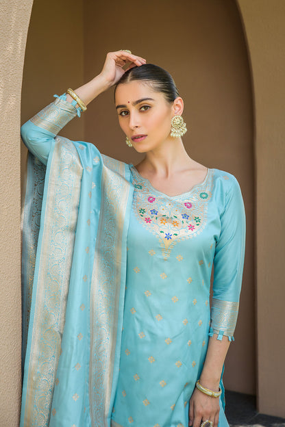 Light Blue Paithani Silk With Zari Weaving Salwar Suit (Unstitched)