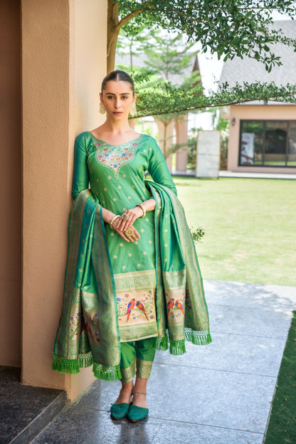 Light Green Paithani Silk With Zari Weaving Salwar Suit (Unstitched)