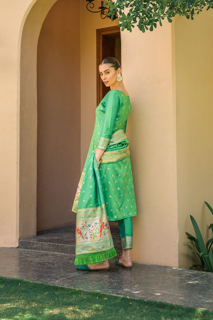 Light Green Paithani Silk With Zari Weaving Salwar Suit (Unstitched)