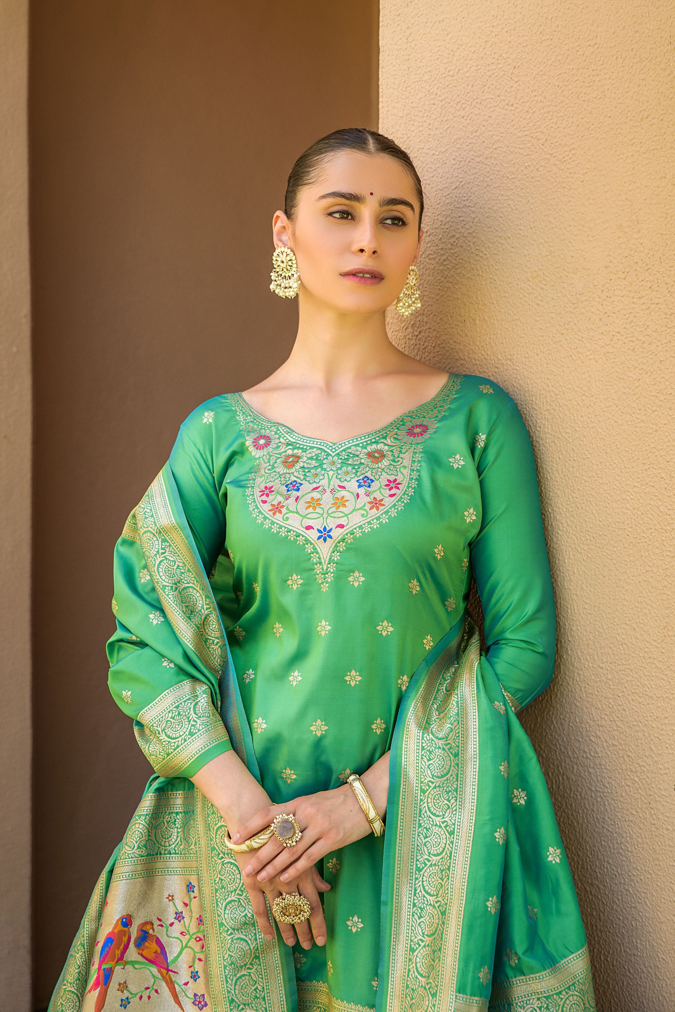 Light Green Paithani Silk With Zari Weaving Salwar Suit (Unstitched)