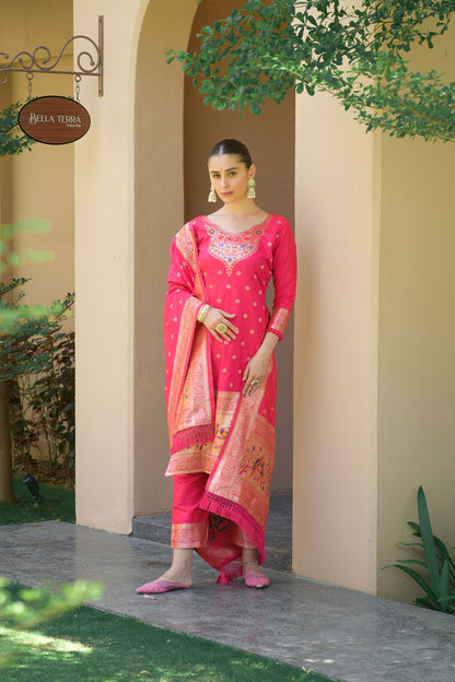 Pink Paithani Silk With Zari Weaving Salwar Suit (Unstitched)