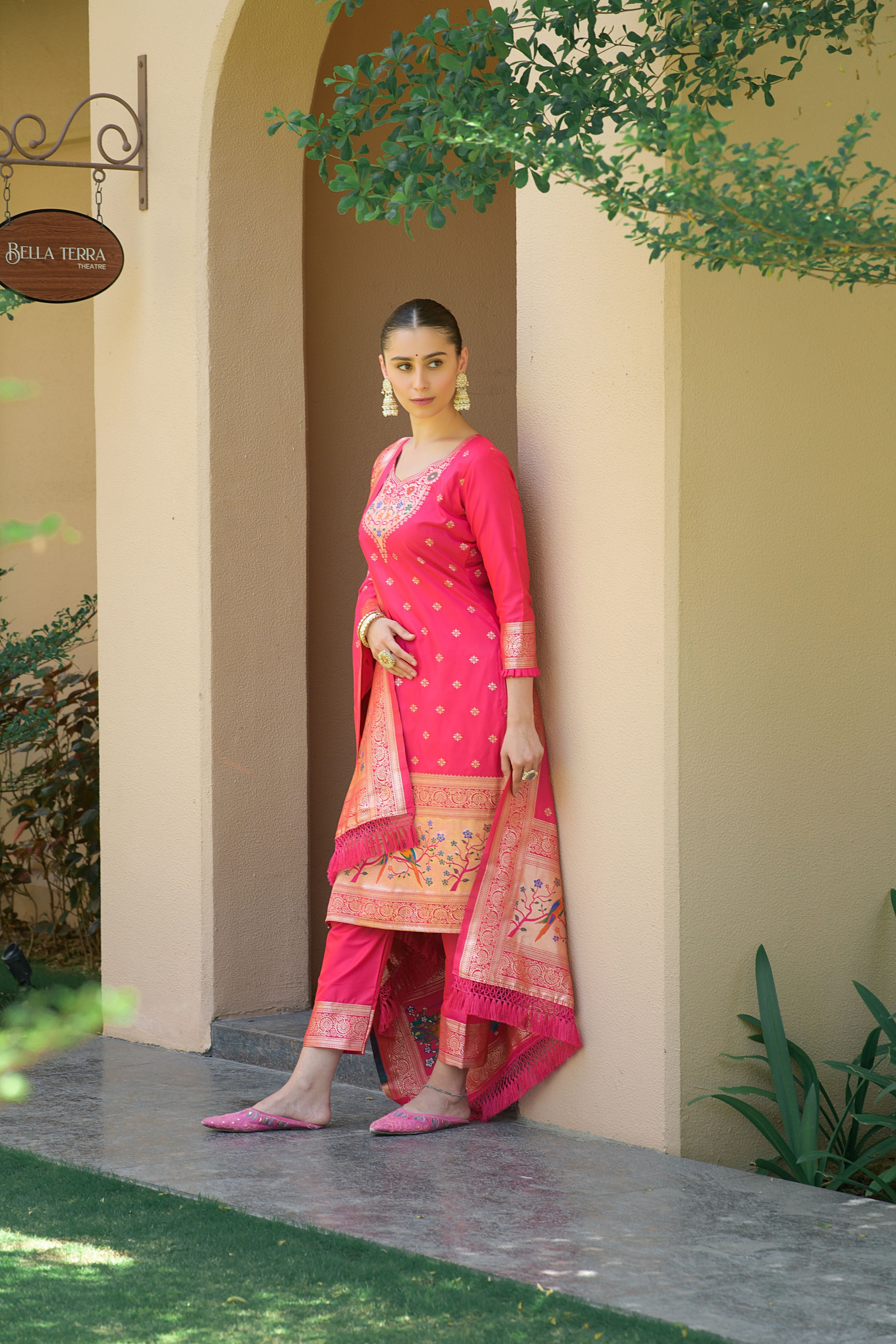 Pink Paithani Silk With Zari Weaving Salwar Suit (Unstitched)