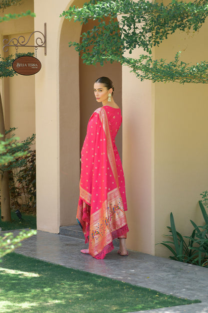 Pink Paithani Silk With Zari Weaving Salwar Suit (Unstitched)