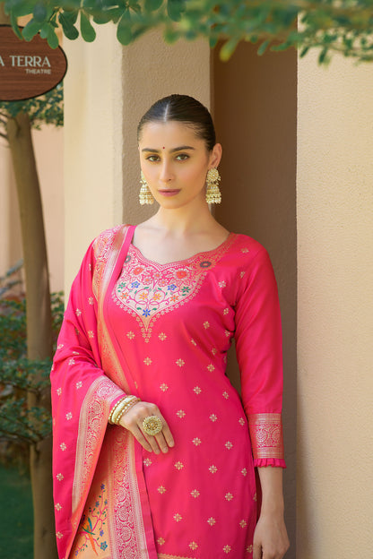 Pink Paithani Silk With Zari Weaving Salwar Suit (Unstitched)