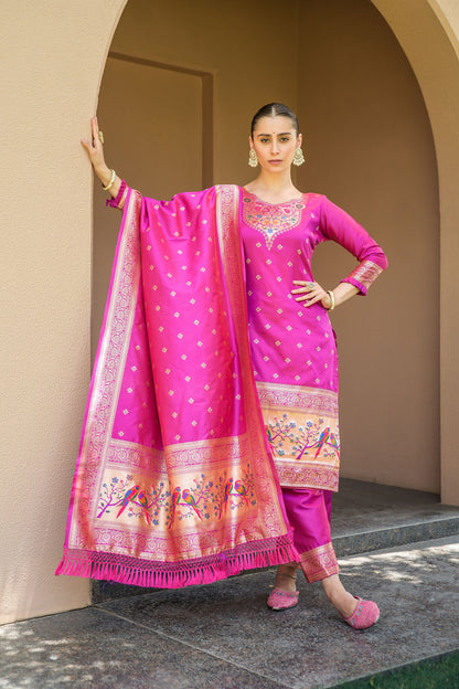 Rani Pink Paithani Silk With Zari Weaving Salwar Suit (Unstitched)