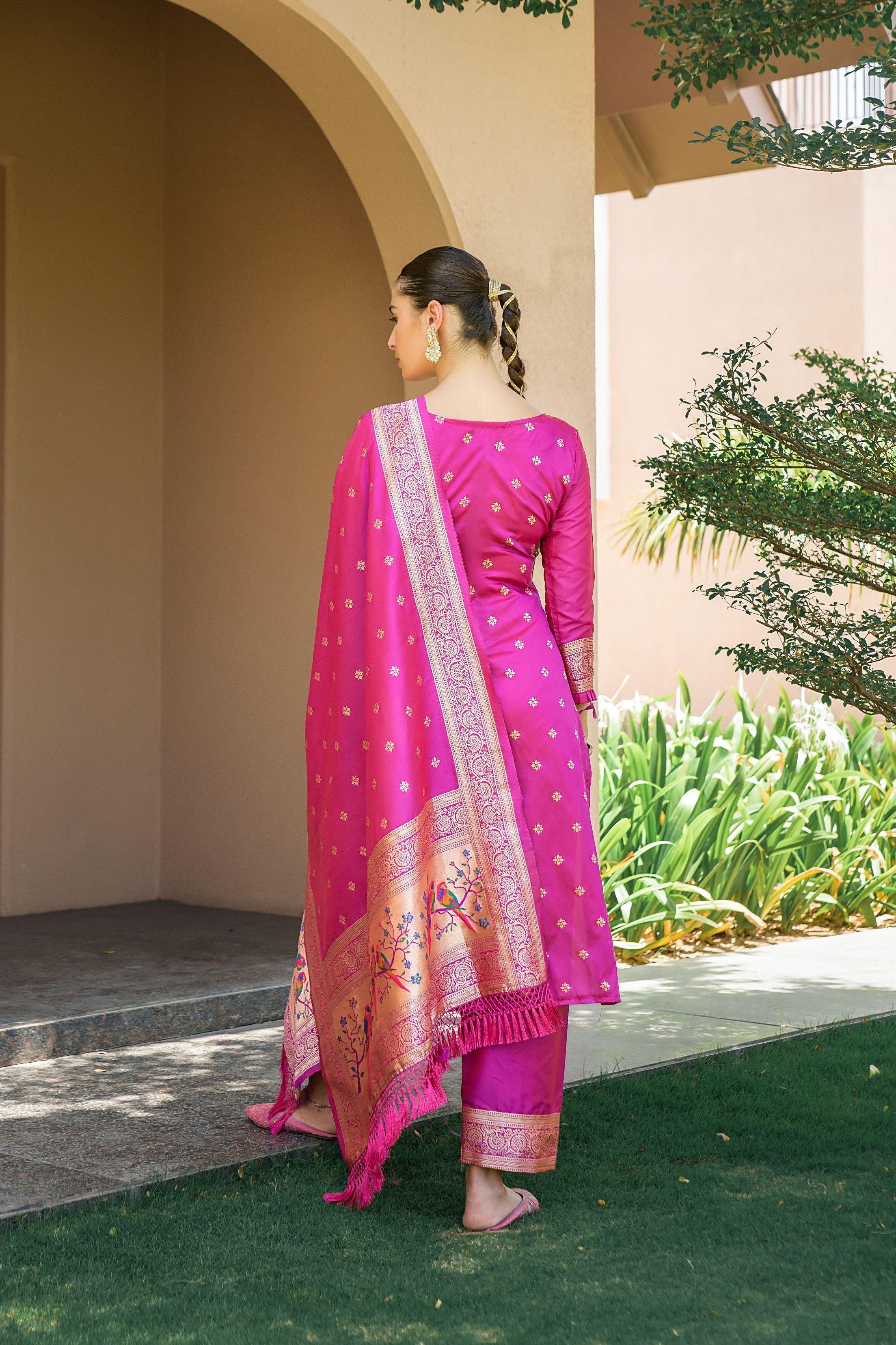 Rani Pink Paithani Silk With Zari Weaving Salwar Suit (Unstitched)