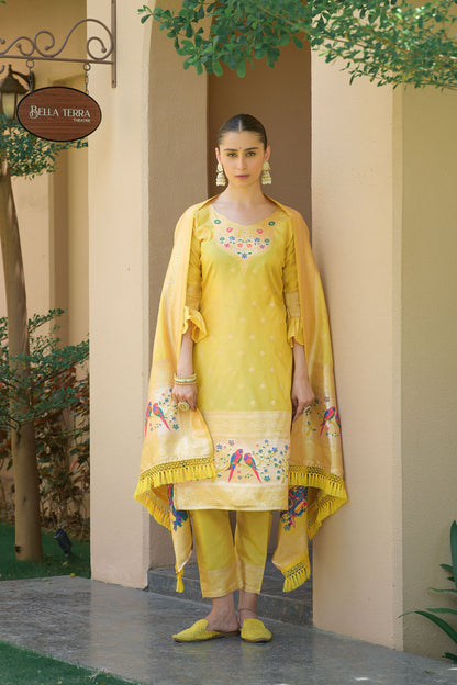 Yellow Paithani Silk With Zari Weaving Salwar Suit (Unstitched)