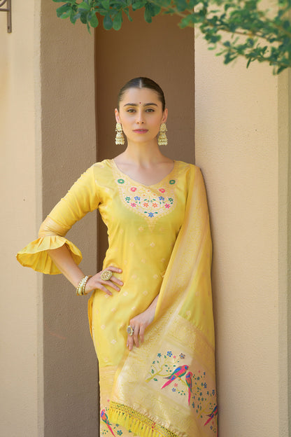 Yellow Paithani Silk With Zari Weaving Salwar Suit (Unstitched)