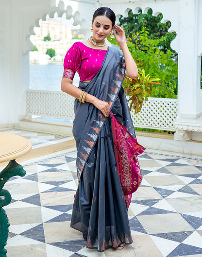 Grey Soft Tussar Silk Saree With Zari Weaving Work