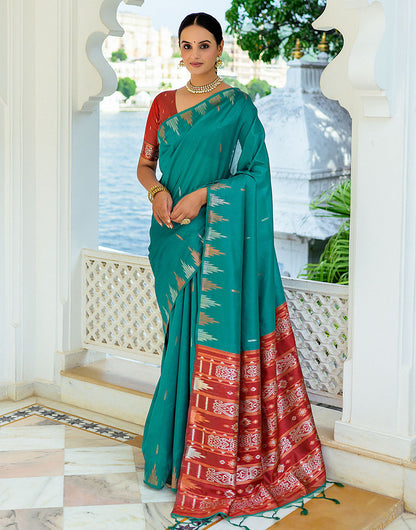 Teal Green Soft Tussar Silk Saree With Zari Weaving Work