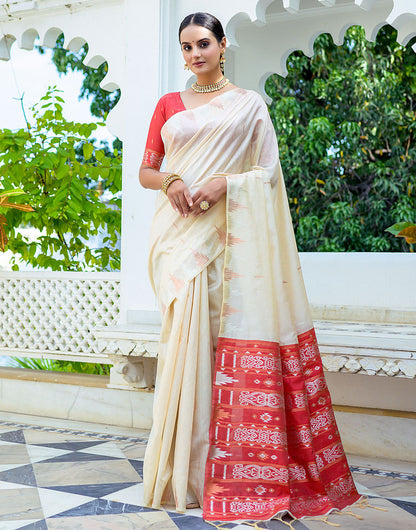 White Soft Tussar Silk Saree With Zari Weaving Work