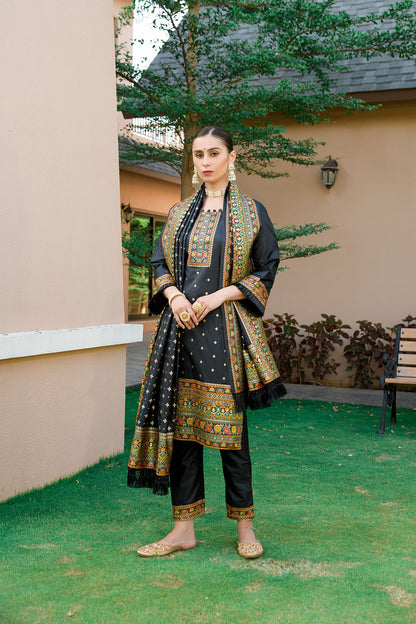 Black Silk Pashmina Work Salwar Suit ( Unstitched )