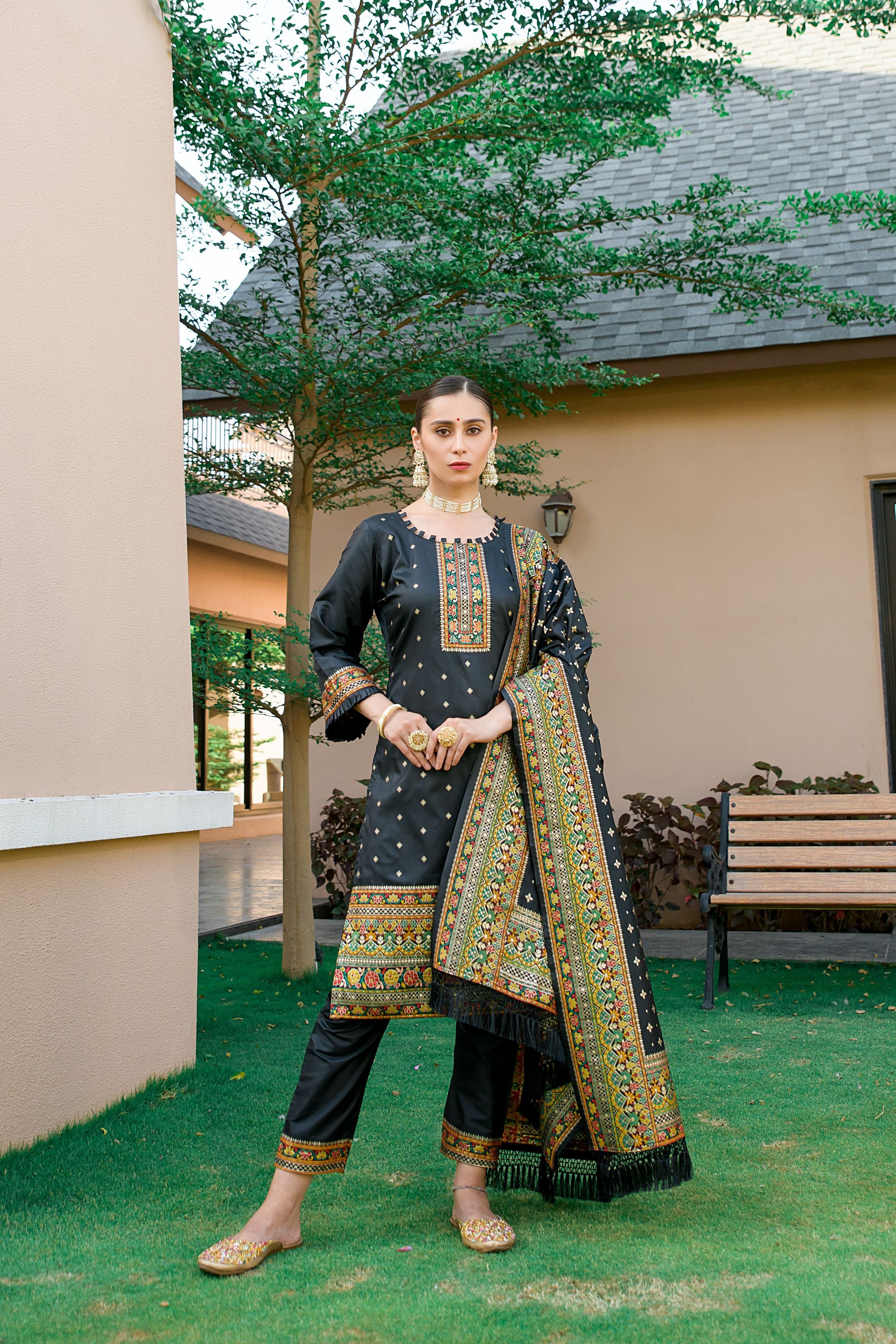 Black Silk Pashmina Work Salwar Suit ( Unstitched )