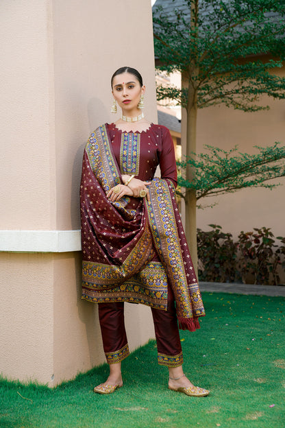 Brown Silk Pashmina Work Salwar Suit ( Unstitched )