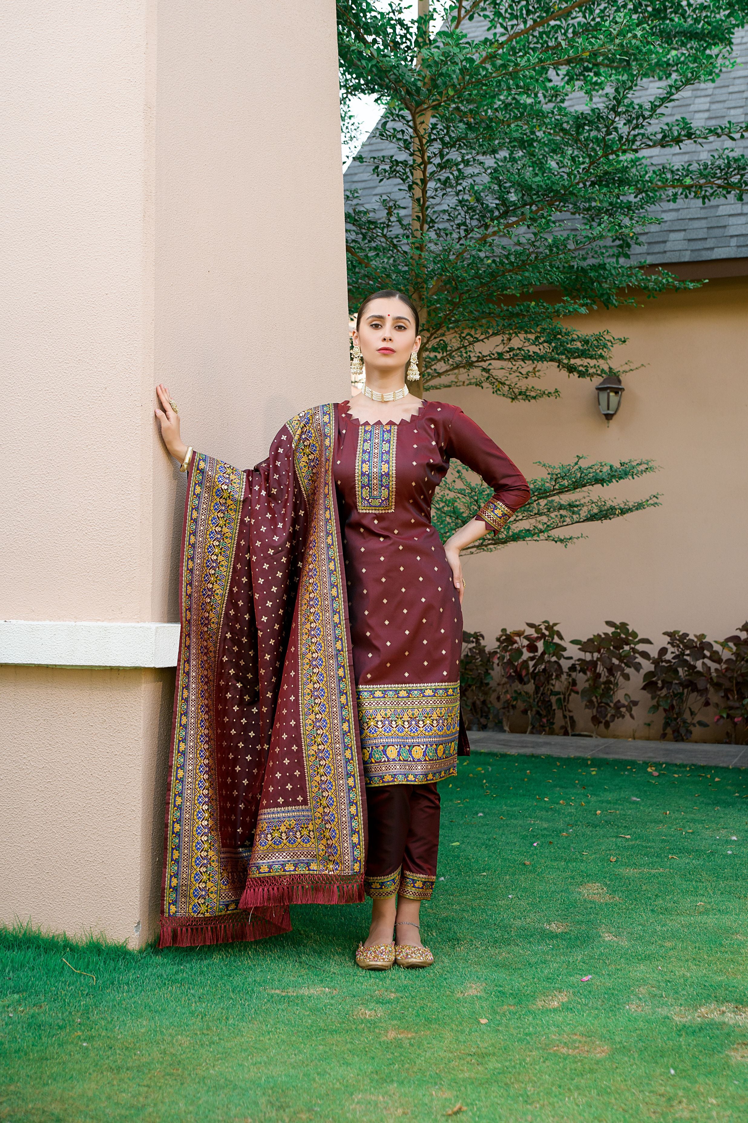 Brown Silk Pashmina Work Salwar Suit ( Unstitched )