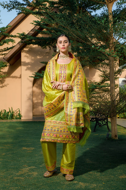 Bitter Lemon Green Silk Pashmina Work Salwar Suit ( Unstitched )