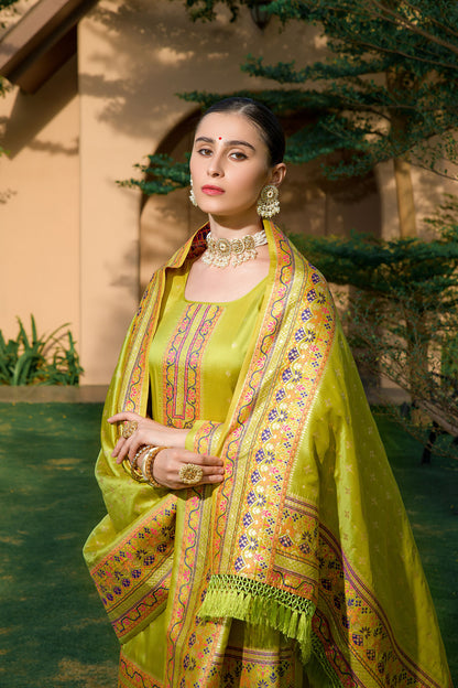 Bitter Lemon Green Silk Pashmina Work Salwar Suit ( Unstitched )