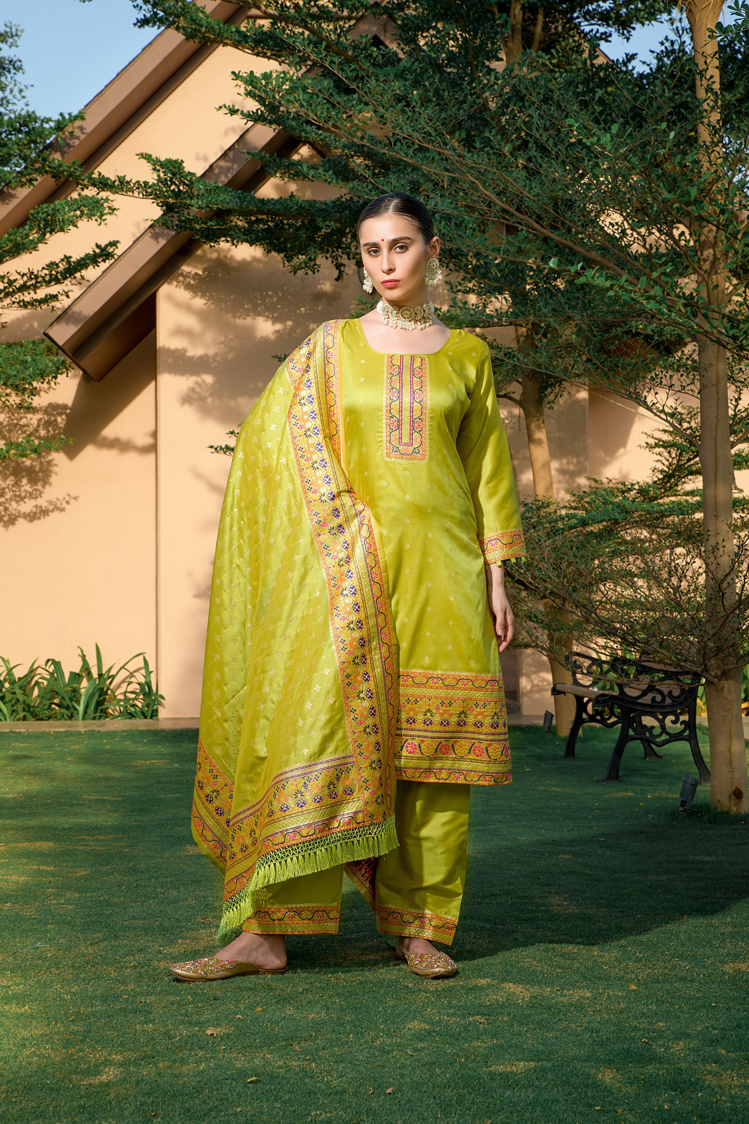 Bitter Lemon Green Silk Pashmina Work Salwar Suit ( Unstitched )