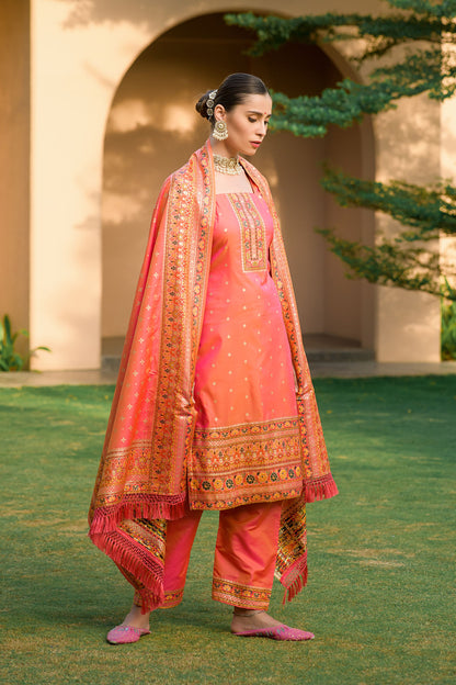 Peach Silk Pashmina Work Salwar Suit ( Unstitched )